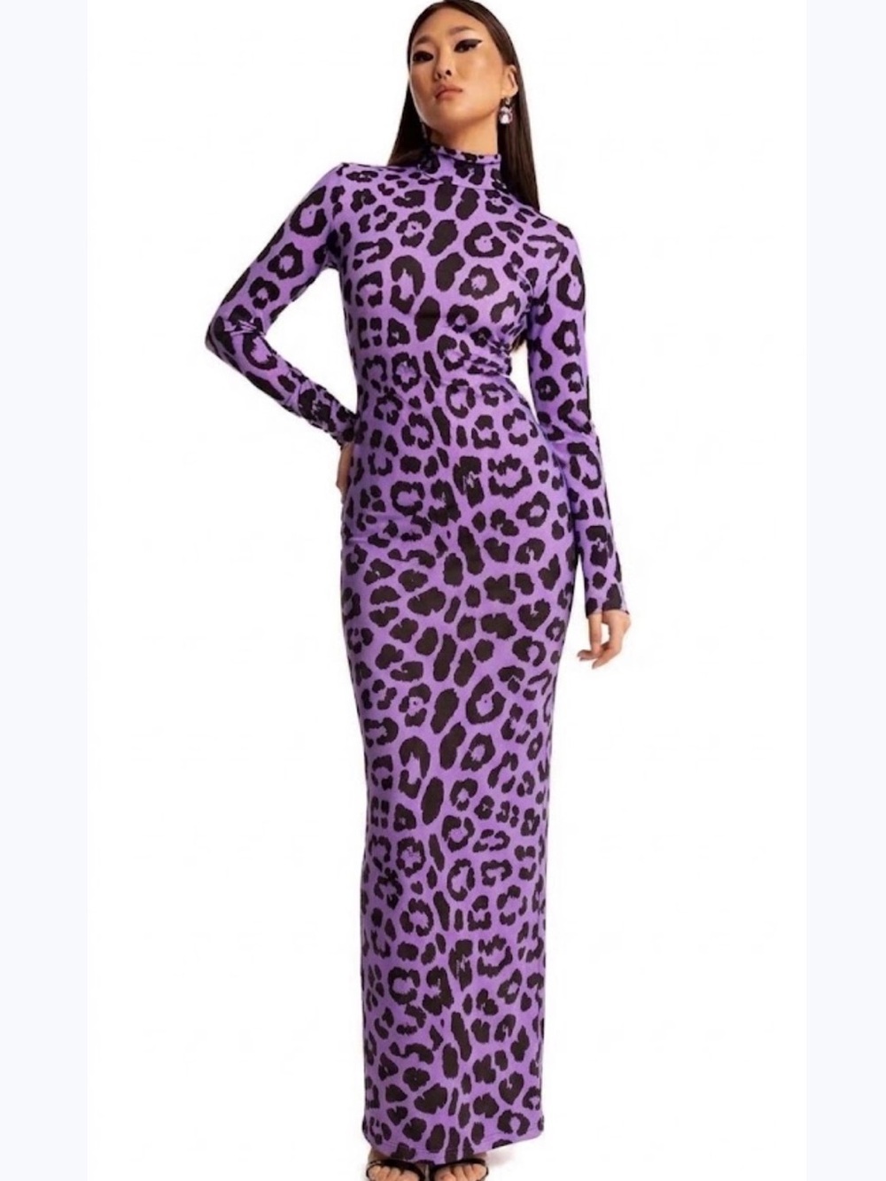 Purple Leopard Print Long Sleeve Maxi Dress